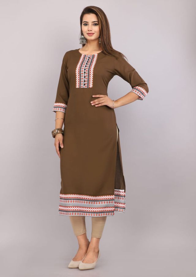 Kurti for Women – Chocolate Brown with Embroidery Border
