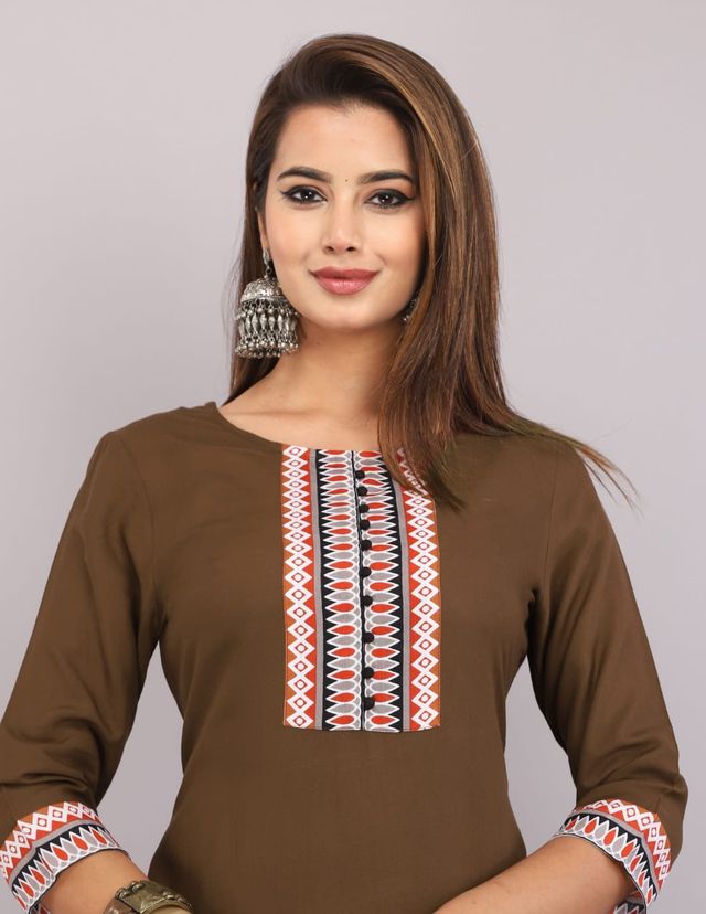 Kurti for Women – Chocolate Brown with Embroidery Border