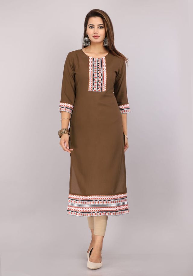 Kurti for Women – Chocolate Brown with Embroidery Border